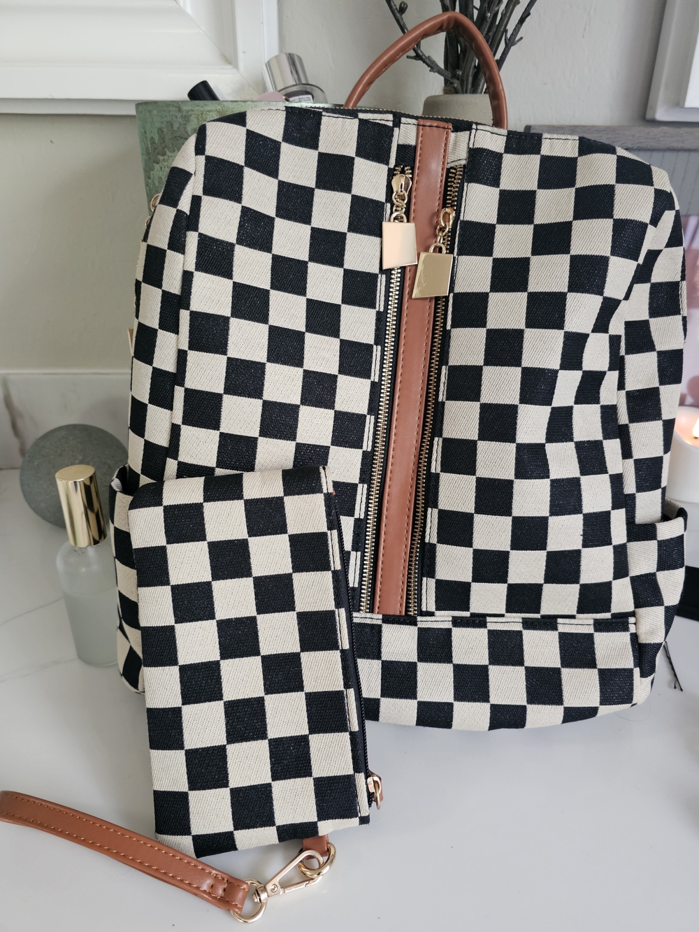 Checkerboard Canvas Backpack with Wallet - Black & White with Tan Trim